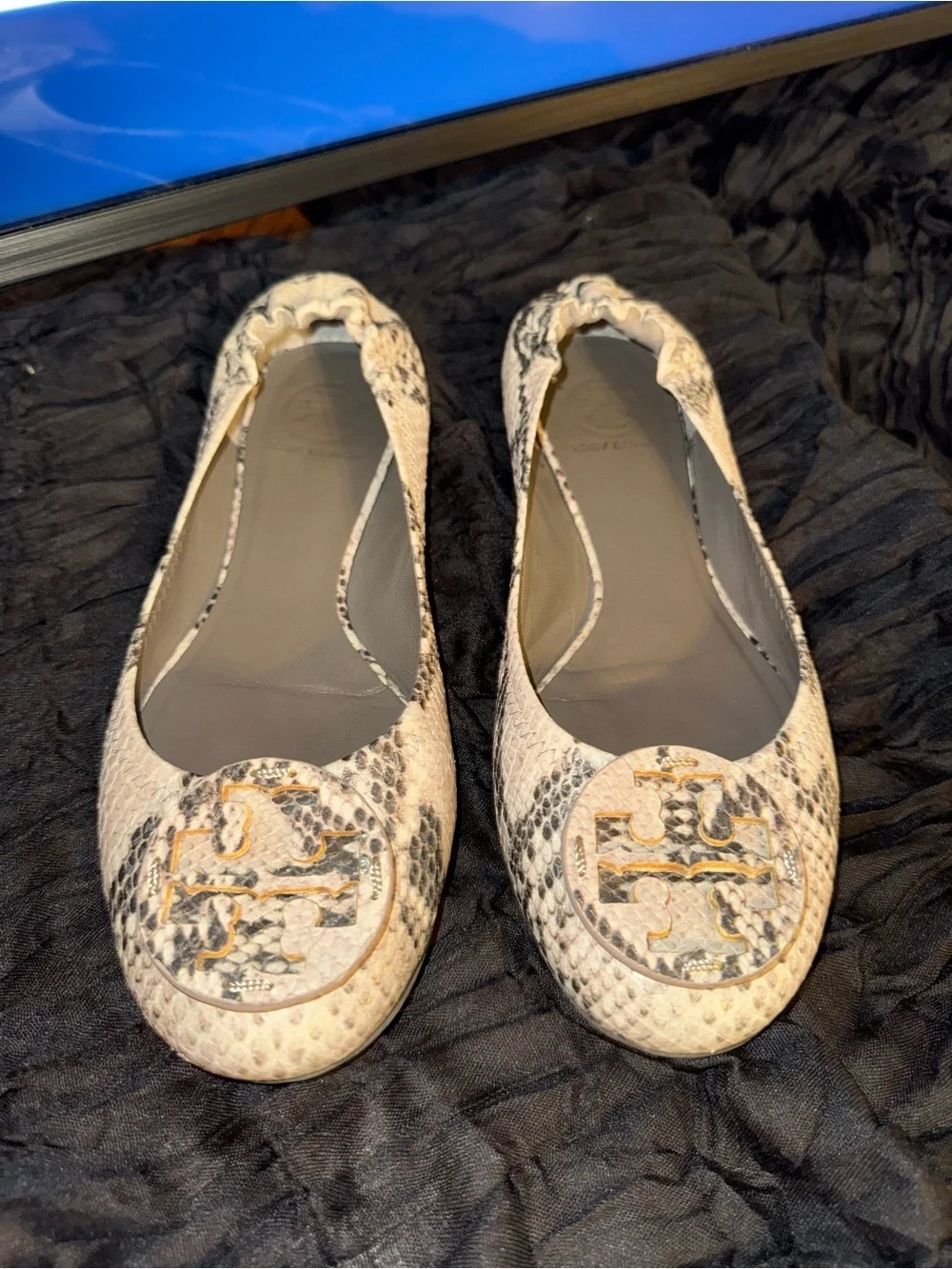 Tory Burch Snake-Print Leather Ballet Flats with Gold Logo